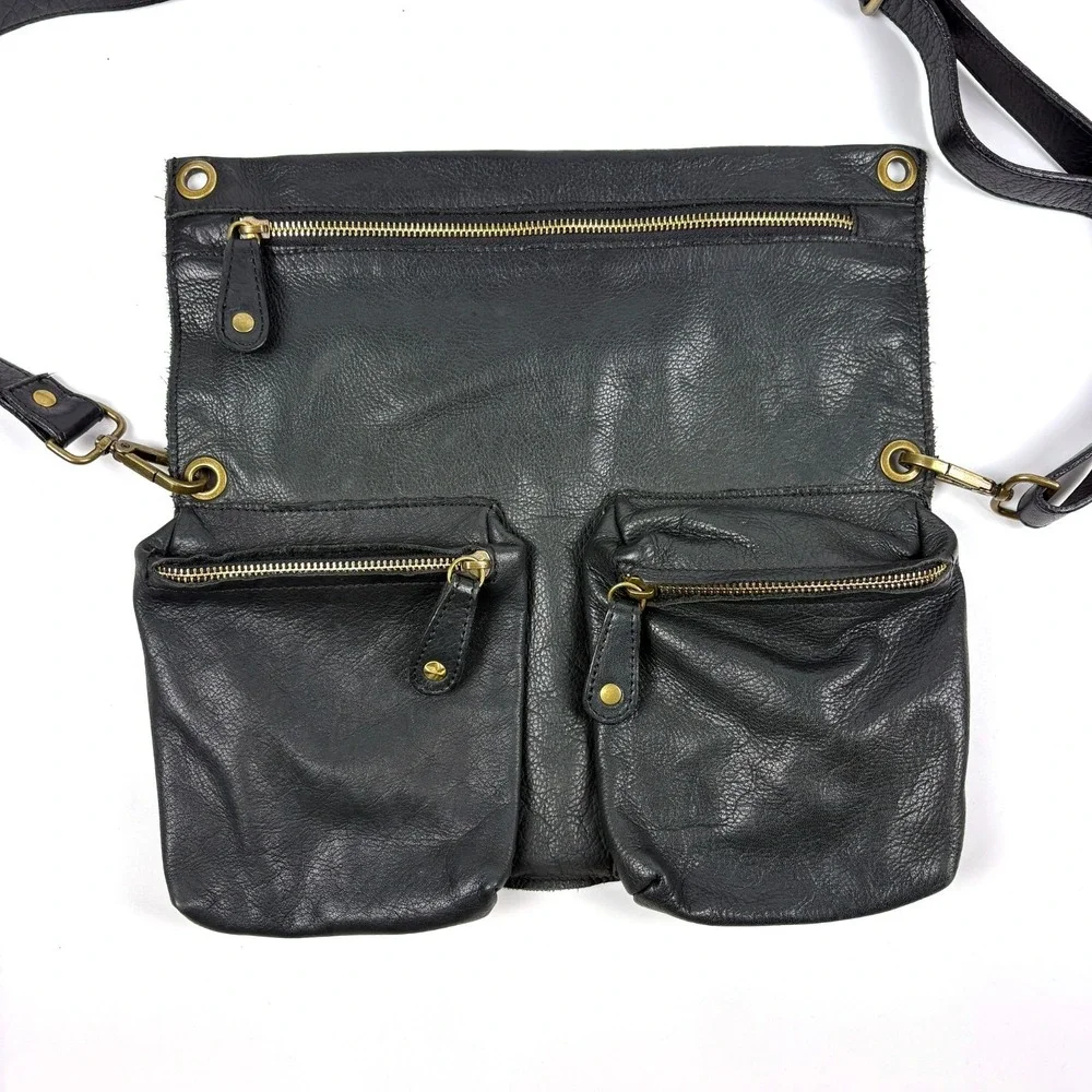 Y2K Pulicati Double Cargo Pocket Foldover Crossbody Bag Purse Black Leather Mili